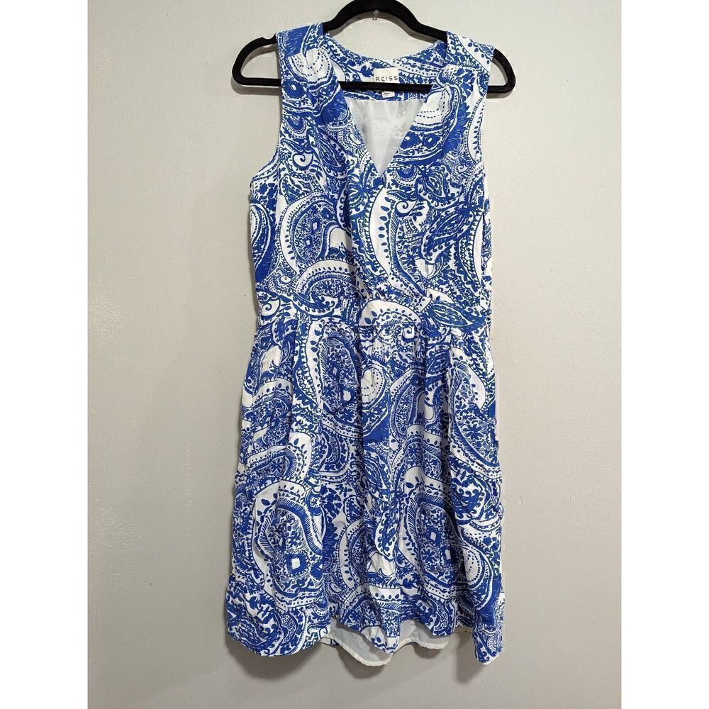 REISS Frannie Paisley blue pattern sleeveless dress US 10
